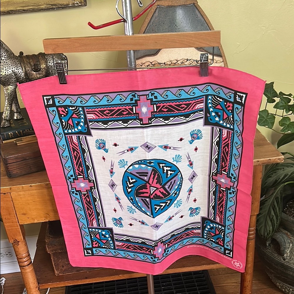 VINTAGE WAMCRAFT Thunderbird Pink and Turquoise Blue Patterned Bandana USA